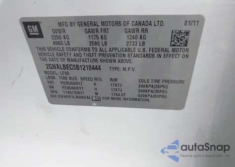 2011 Chevrolet Equinox Ls from USA, damaged, VIN 2GNALBEC5B1218444
